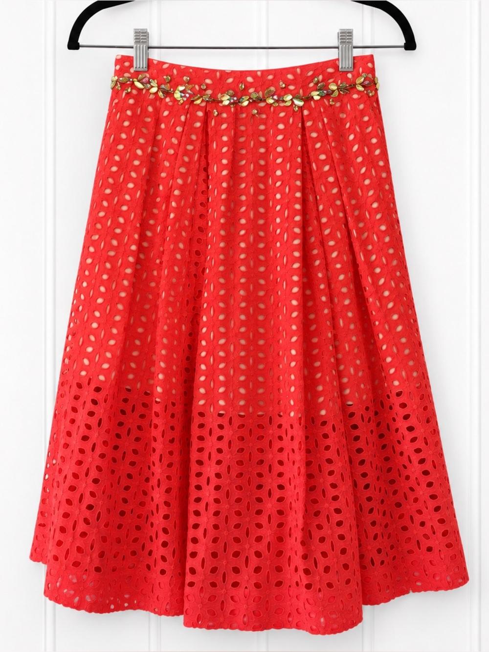 Three Floor $270 Womens 0 Coral Eyelet Beaded Embellished Colorful A Line Skirt